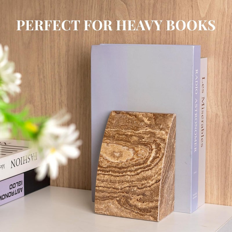 Koville Travertine Bookends for Shelves, Large Stone Bookends for Heavy Books, Non-Slip Heavy Duty Book Stopper for CD/Movies, Aesthetic Decorative Book Ends for Bookshelf Table Home Decor(Brown) - Image 5